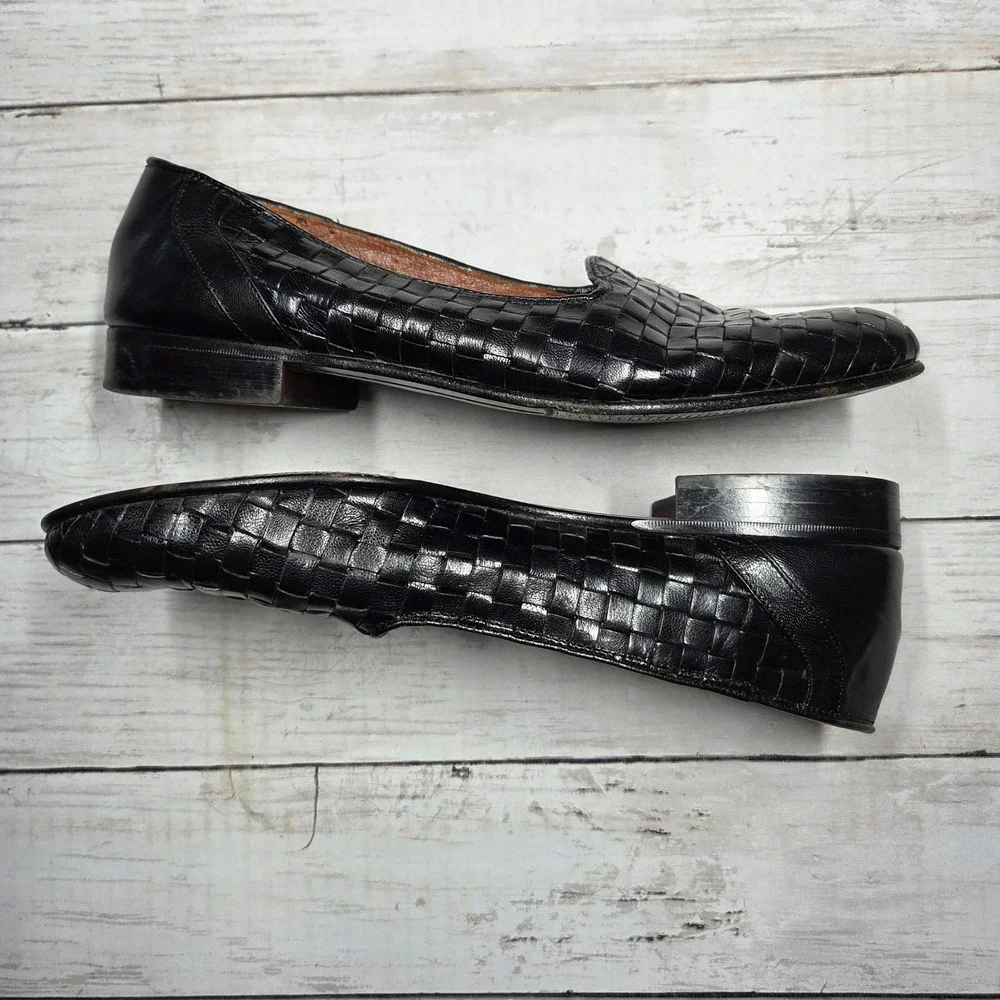 Brassboot Woven Leather Loafers Basketweave Dress Shoe Men 9 Black Made in Italy